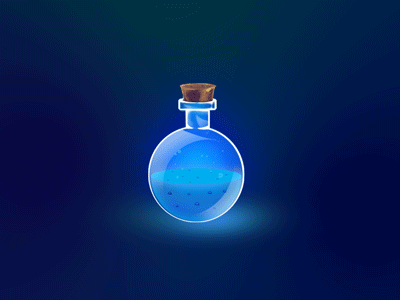 Image Description: A drawn rounded blue flask highlighted with white colouring around the edges, with a brown cork. Inside the flask is a blue liquid filled halfway with dark blue bubbles inside, and light blue animated bubbles fizzing up towards the cork, while teetering back and forth. There is a light blue glow beneath the flask and a dark blue background behind it.